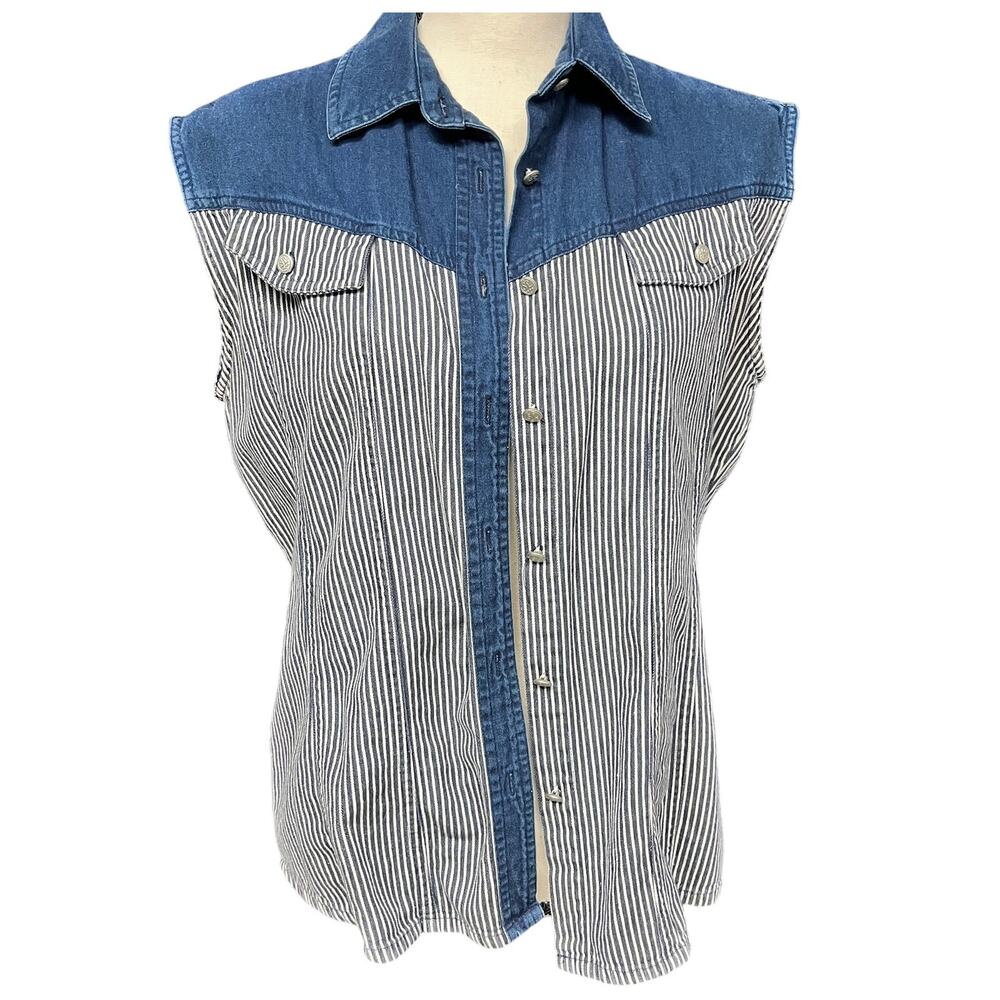 Women's 1990's Wrangler Silverlake denim sleeveless button down stripe top